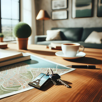 Keys on a Paris Eiffel Tower Key Fob Chain in Focus on a Map with Local Points of Travel on a Wooden Table with a Pencil Paper Books Hot Cup of Coffee or Tea. Apartment Hotel Car Rental Travel Abroad