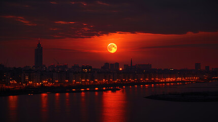Naklejka premium Moon Symphony: Big Red Moon in the center of the city sky