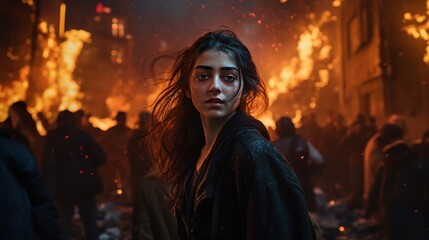 Iranian Girl in Chaotic Tehran Protest: Dark Aesthetic, Intense Expression, Night Sky Illuminated by Flames. Surreal and Stunning Scene