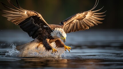An eagle in flight catching fish from a lake - Powered by Adobe