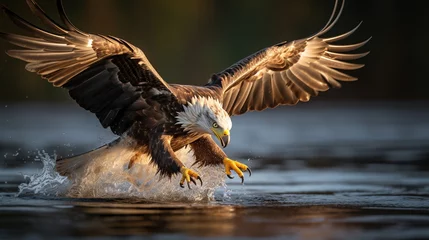 Gordijnen An eagle in flight catching fish from a lake © HM Design