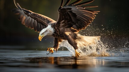 An eagle in flight catching fish from a lake - obrazy, fototapety, plakaty