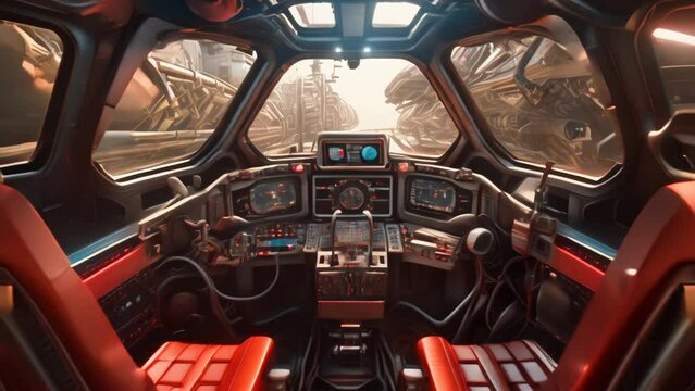 Spaceship cockpit interior with interface and a view to the dockyard sci-fi animation. Leds and buttons