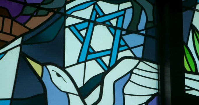 Stained Glass Window in Church of Israeli Flag Focus Pull