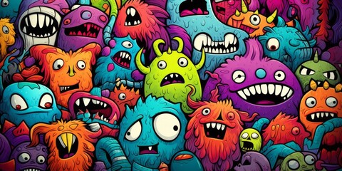 doodle cute and funny monsters on colorful background, Generative AI
