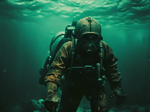 Deep sea diver diving under the sea wearing huge rusty helmet and suit animation
