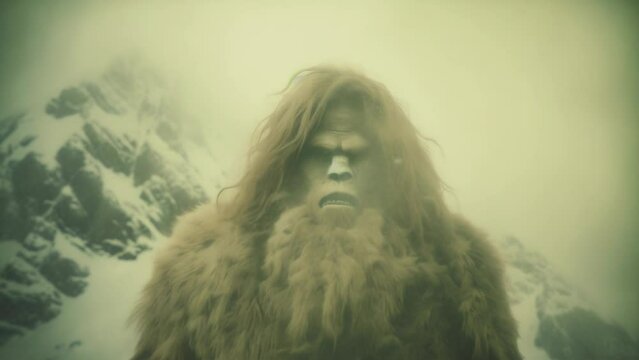 A Yeti in the mountains cryptid found footage style vintage creature animation with grain, noise and damaged film effects