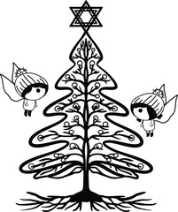 christmas tree with a star and 2 cute angels vector