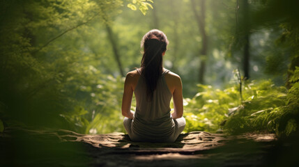Young woman practicing yoga in the forest. Concept of healthy lifestyle and relaxation.