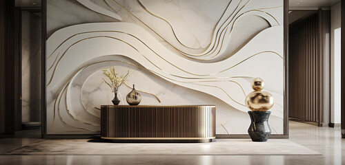 A luxury foyer with an elegant 3D marble wall design and a simple, stylish console table