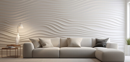 A minimalist living room with a 3D wave texture wall in white and a sleek, low-profile sofa