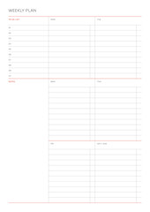 A weekly plan design template in a modern, simple, and minimalist style. Note, scheduler, diary, calendar, planner document template illustration.