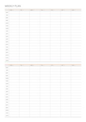 A weekly plan design template in a modern, simple, and minimalist style. Note, scheduler, diary, calendar, planner document template illustration.