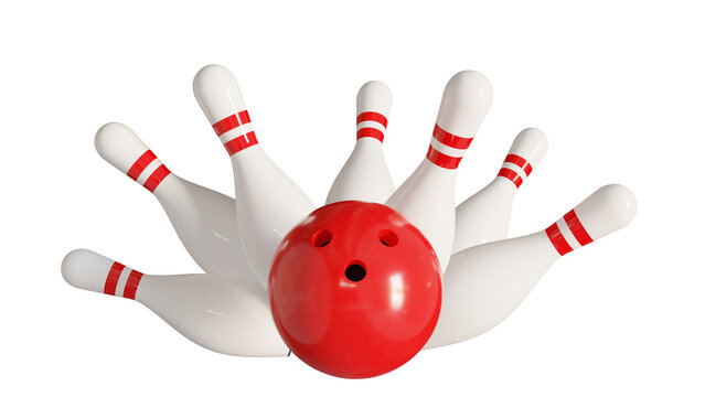 Red bowling ball with smashed pins isolated on transparent and white background. Bowling concept. 3D render