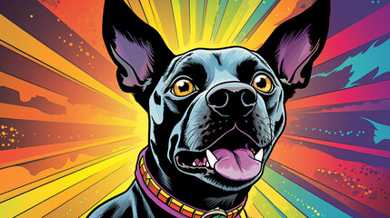 Dog in pop art style with vibrant background, in the style of god rays, striped arrangements,...