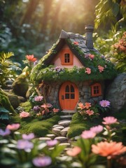 Fototapeta na wymiar the fantasy magical fairy house in the enchanched forest