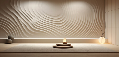 A tranquil meditation room with a 3D Zen garden wall texture and minimalist floor mats