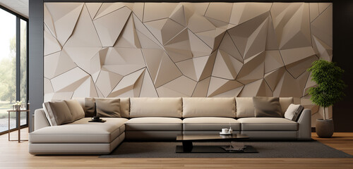 A living room with a geometric 3D wall pattern in neutral tones and a single minimalist beige sofa