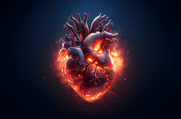 Digital illustration of a 3D heart shape with glowing lines on a dark background, - obrazy, fototapety, plakaty
