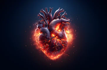 Poster Digital illustration of a 3D heart shape with glowing lines on a dark background, © NE97