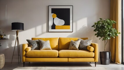 modern living room with yellow sofa with plants ,3d rending