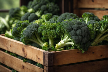 Broccoli in a wooden box, ready for sale