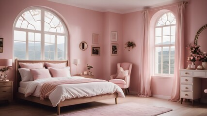 interior of a pink bedroom with pink walls, , fantasy enchanted bedroom theme with flower and big window ,amazing view , room decor ,fairytale theme 