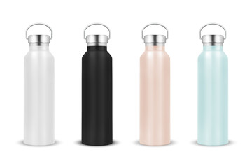 Vector Realistic 3d White, Black, Pink and Blue Blank Glossy Metal Reusable Water Bottle Icon Set with Silver Bung Closeup Isolated on White Background. Design Template of Packaging Mockup. Front View