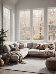 living room interior with big window and autumn tree view 