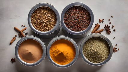 spices in bowls,Set of Various Indian spices on wooden table. Chilly pepper, rosemary, basil, turmeric, paprika, garlic, anise, cinnamon and other. Top view with copy space.
