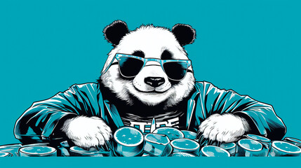 Lazy Panda in pop art style with turquoise and white background, in the style of god rays, striped...