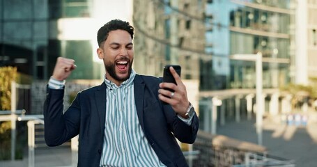 Outdoor, business and man with smartphone, winner and success with investment, wow and omg. Opportunity, African person and employee with cellphone, mobile user and lens flare with contact or network - Powered by Adobe