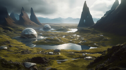 Iceland inspired post apocaloptic utopistic cityscape landscape