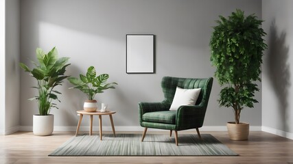green chair in a room , green velvet design sofa, armchair, tables and pouf. Tropical plants in design stand.Interior poster mock up with horizontal empty wooden frame