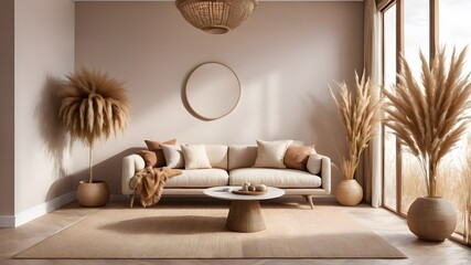 modern living room  with sofa ,interior wall mockup wall tones with  beige colour boho style ,dried...
