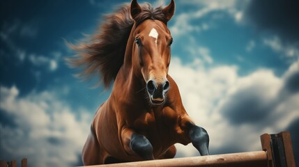 a horse running in the air with a cloudy background - obrazy, fototapety, plakaty