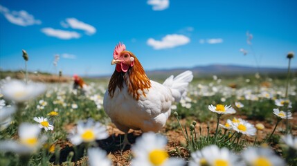 a large chicken stands in a meadow full of daisies - obrazy, fototapety, plakaty