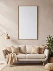 modern living room with curb light sofa chair ,interior wall mockup frame on the  beige colour wall boho style ,with plants ,3d rending - obrazy, fototapety, plakaty