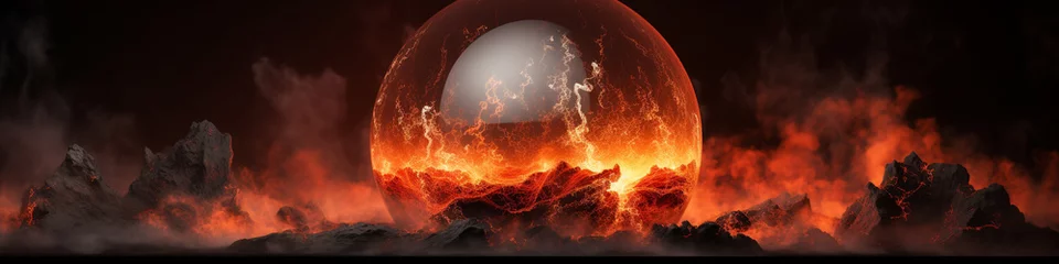 Fotobehang A dynamic volcanic eruption, frozen in time, showcasing the raw intensity of fire and earth within a transparent glass orb. Copy space. © Ammara studio