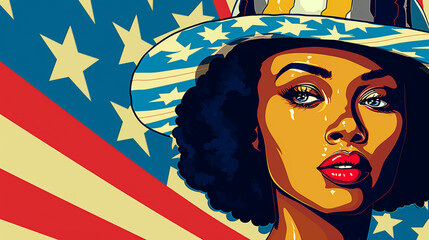 young, instagram model african woman in pop art style with american flag background, in the style of god rays, peter bagge, striped arrangements, detailed, clear designs, animated gifs, grant morris
