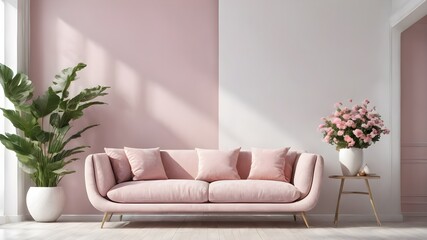 Poster frame mock up in modern bright living room design, pink ad white furniture on minimal wall background, 3d render, 3d illustration