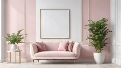 Poster frame mock up in modern bright living room design, pink ad white furniture on minimal wall background, 3d render, 3d illustration