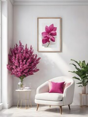 Poster frame mock up in modern bright living room design, pink ad white furniture on minimal wall background, 3d render, 3d illustration