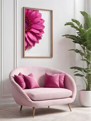 Poster frame mock up in modern bright living room design, pink ad white furniture on minimal wall background, 3d render, 3d illustration