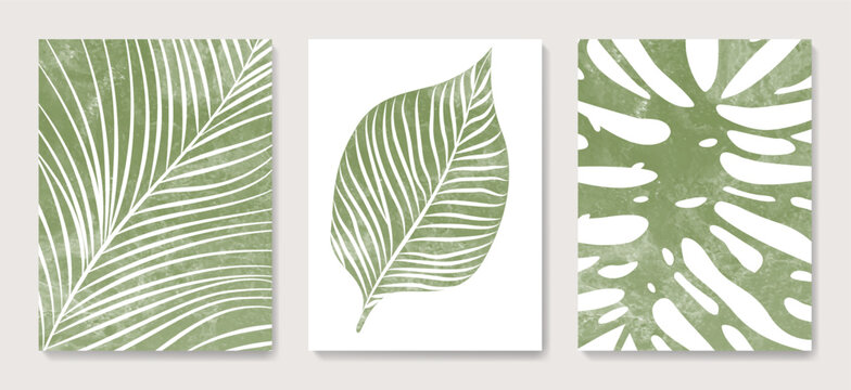 Abstract art background with tropical leaves with watercolor texture. Botanical set of posters with exotic plants for decoration, print, textiles, interior design.