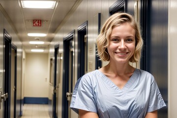 medical professional student in a hospital hallway wearing scrubs and smiling for portrait