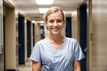 medical professional student in a hospital hallway wearing scrubs and smiling for portrait