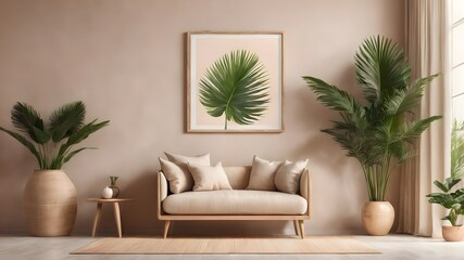 modern living room with curb light sofa chair ,interior wall mockup frame on the  beige colour wall boho style ,with plants ,3d rending