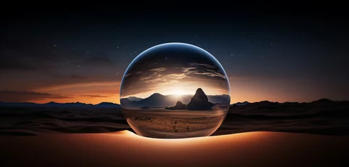 Foto op Canvas A moonlit desert landscape with sand dunes stretching to the horizon, surrounded by the quiet stillness of the night, all within a glass globe. © Ammara studio