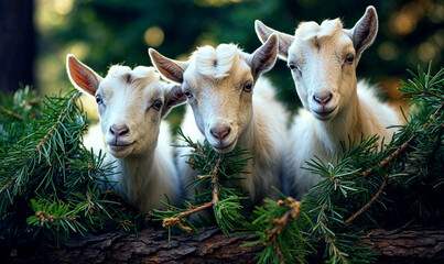 des chèvres en train de manger des branches de sapins de Noël donnés par les gens après les fêtes - obrazy, fototapety, plakaty